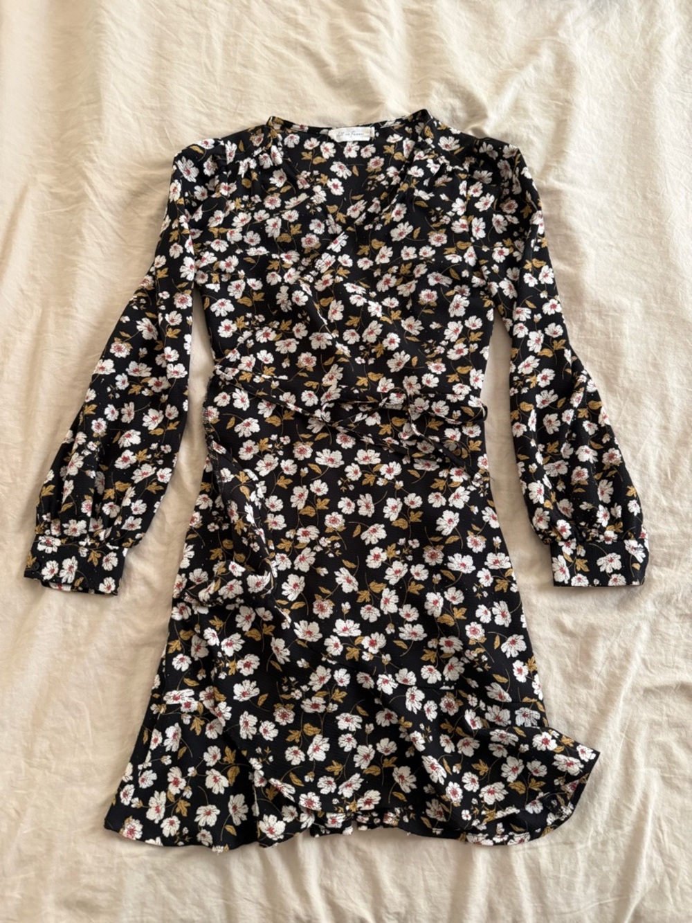 All in Favor Black Floral Ruffle Wrap Dress